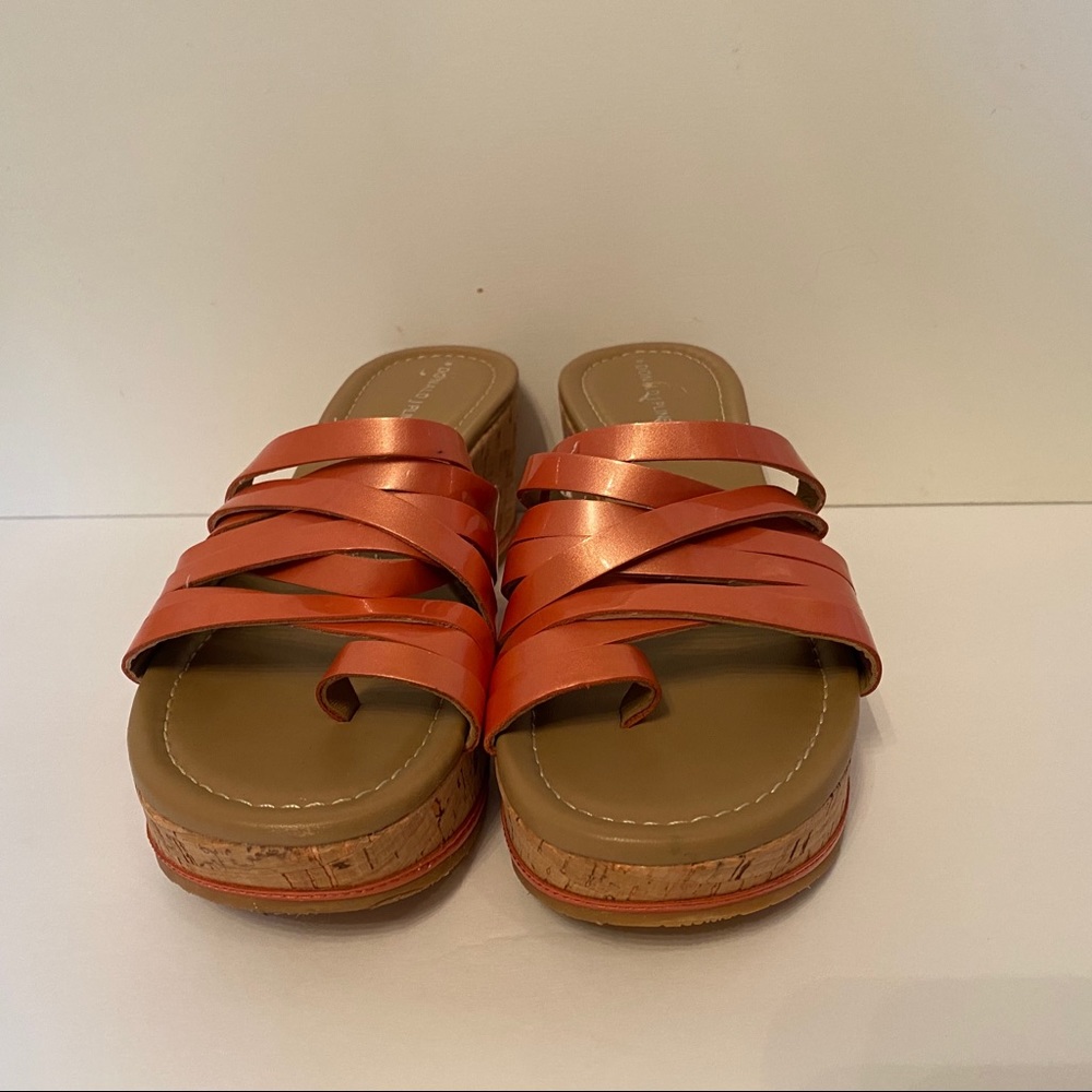 DONALD J PLINER SHOES SANDALS TAN CORK WEDGE ORANGE STRAPS SIZE 7.5 M SHEENA2